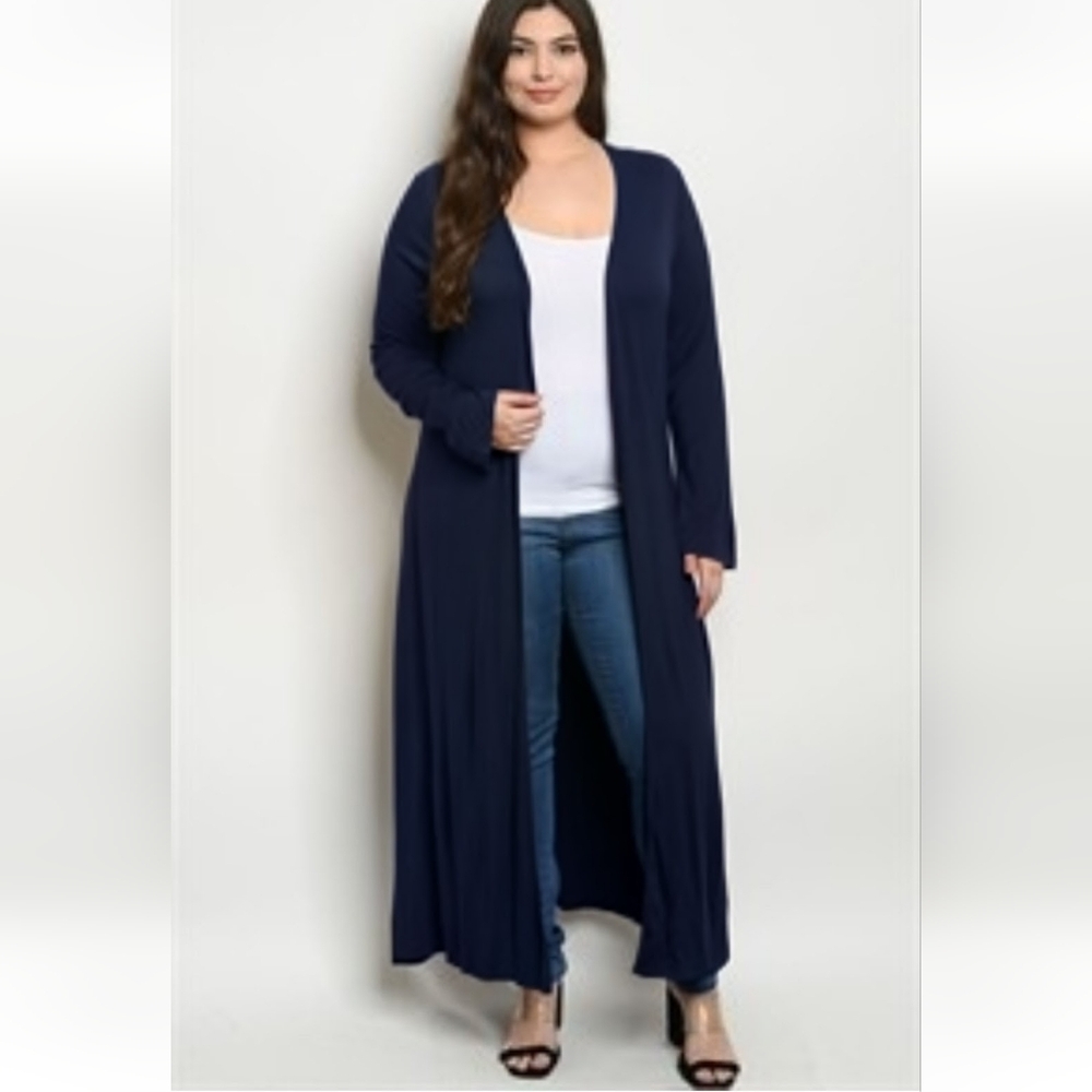 Annabelle Plus Size Navy Longline Cardigan Duster Open Front Sweater XL–3X
